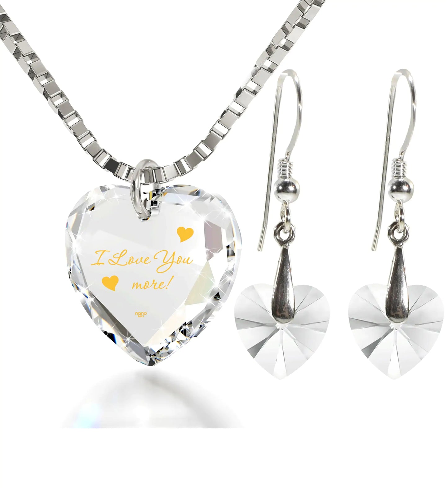 "I Love You More" Tiny Heart Jewelry Set 24k Gold Inscribed Necklace and Drop Earrings